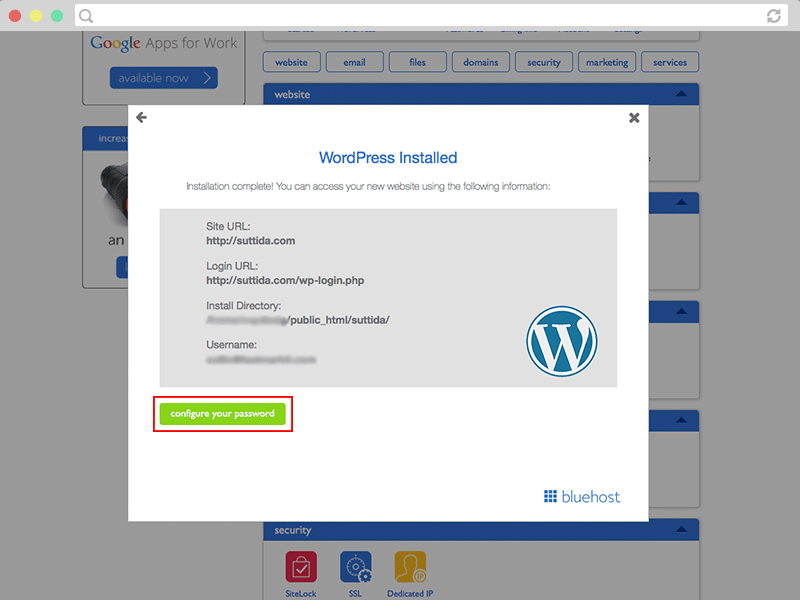 wordpress installed bluehost