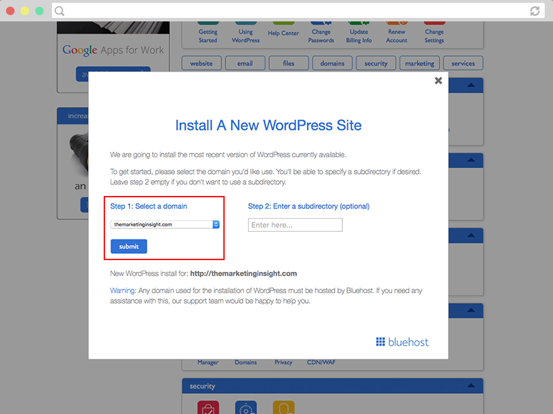 bluehost install wordpress site
