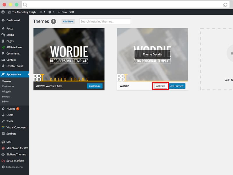 wordpress install theme