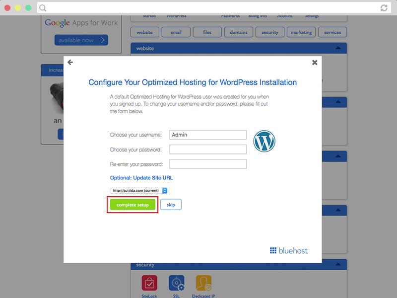 bluehost wordpress name and password